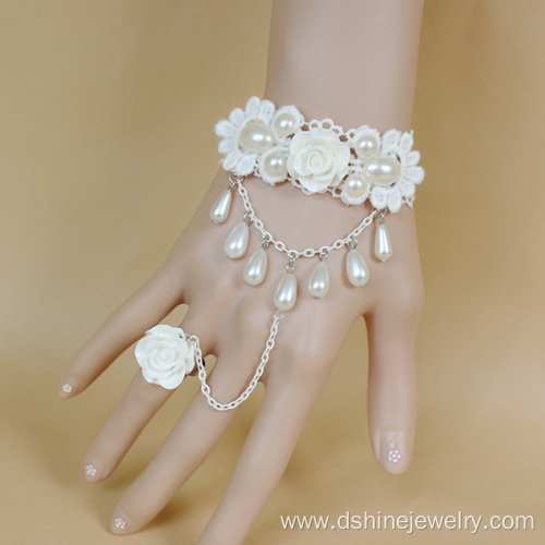 Rose Pearl Tassel Charm Lace Bracelet With Ring Set Bangle